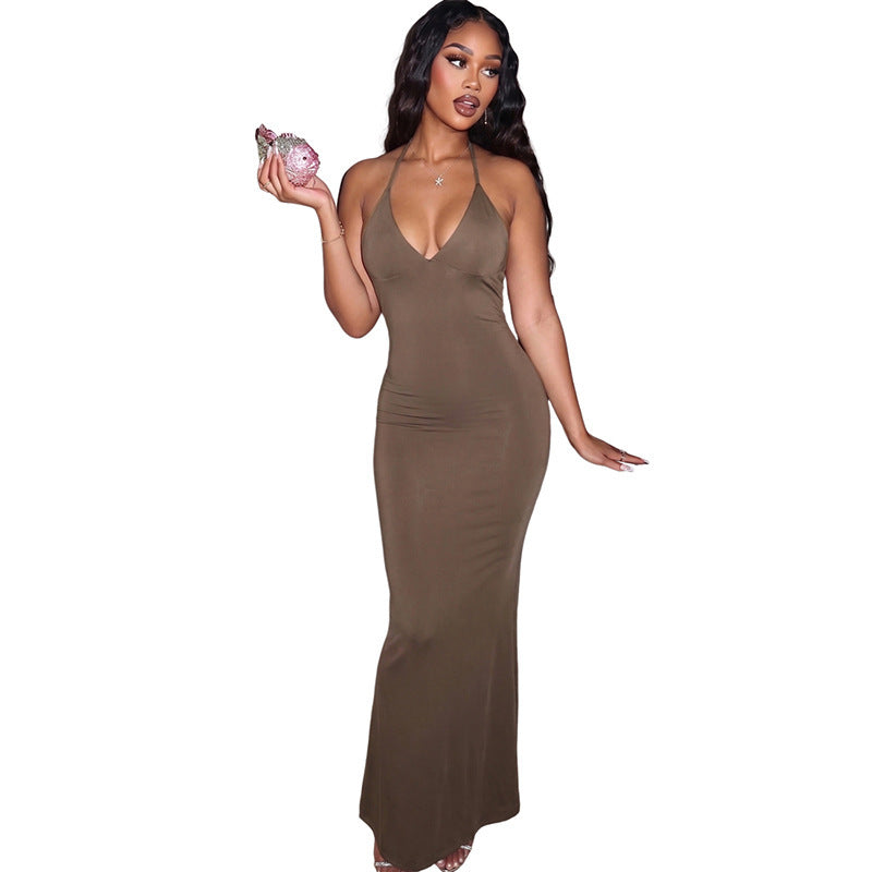 Womens Sexy V-Neck Backless Chain-Trimmed Bodycon Dress DC-Beyond Borders Collective