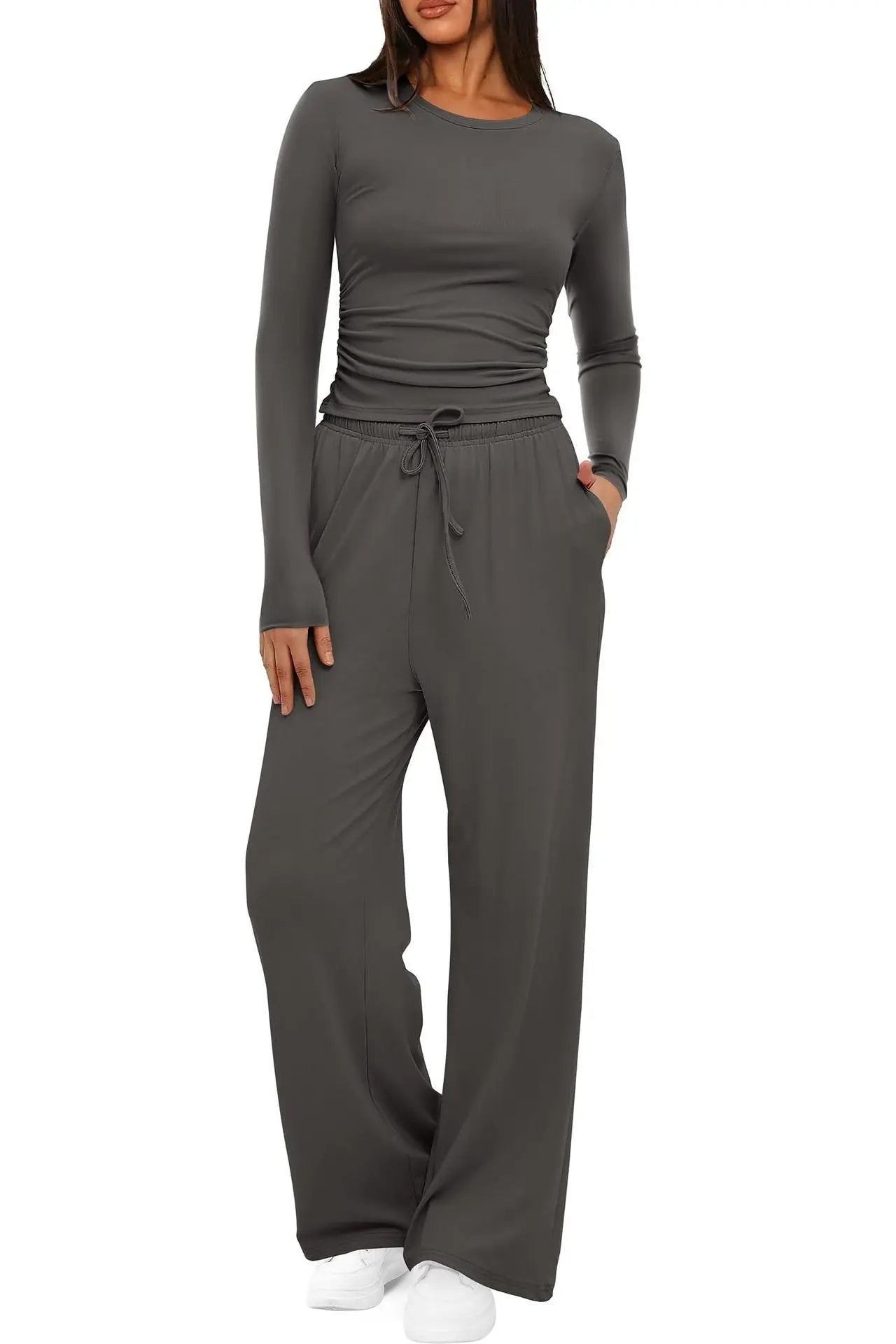 2-Piece Casual Suit - Long Sleeve Top & Wide Leg Pants Dropshipman