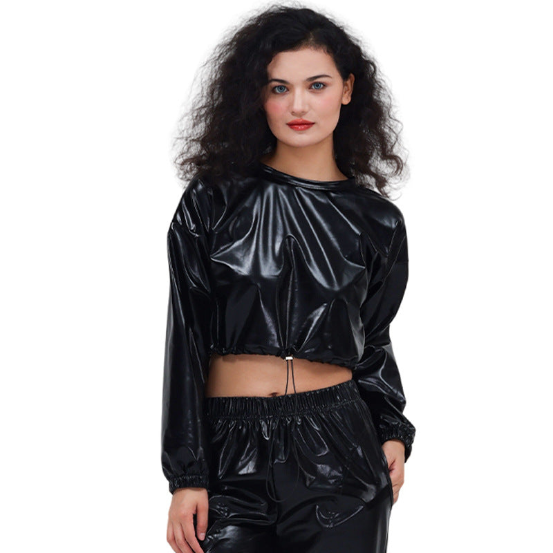 Long Sleeve Round Neck Drawstring Embossed Shiny Leather Sweatshirt DC-Beyond Borders Collective
