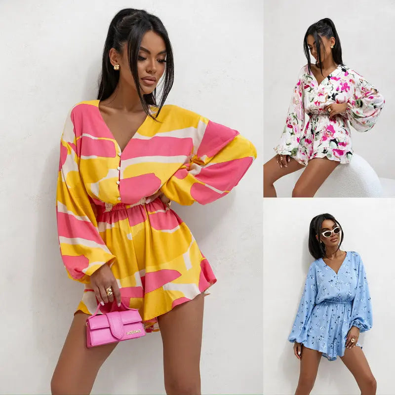 Printed V-neck Long Sleeve Jumpsuit DC-Beyond Borders Collective