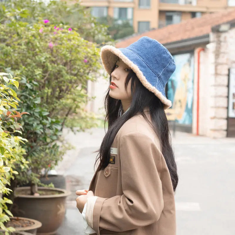 Denim Double Lamb Plush Fisherman Hat RightOn68