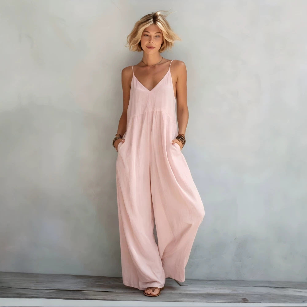 SpringSummer New Womens Solid-Color Cotton-Linen V-Neck Lace-Up Suspender Wide-Leg Jumpsuit DC-Beyond Borders Collective