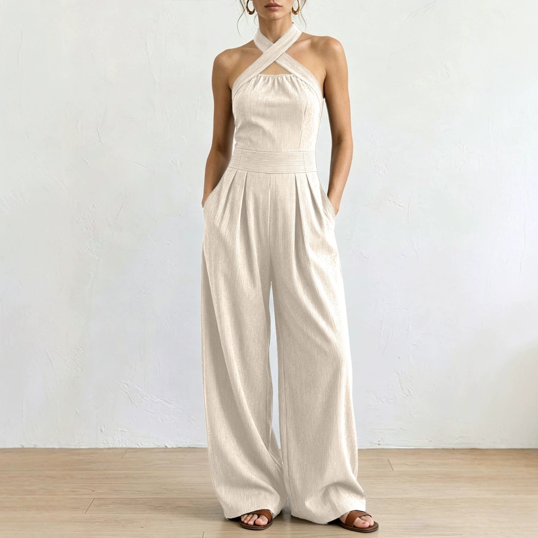 Off-shoulder Sleeveless Crossover Halter Jumpsuit DC-Beyond Borders Collective
