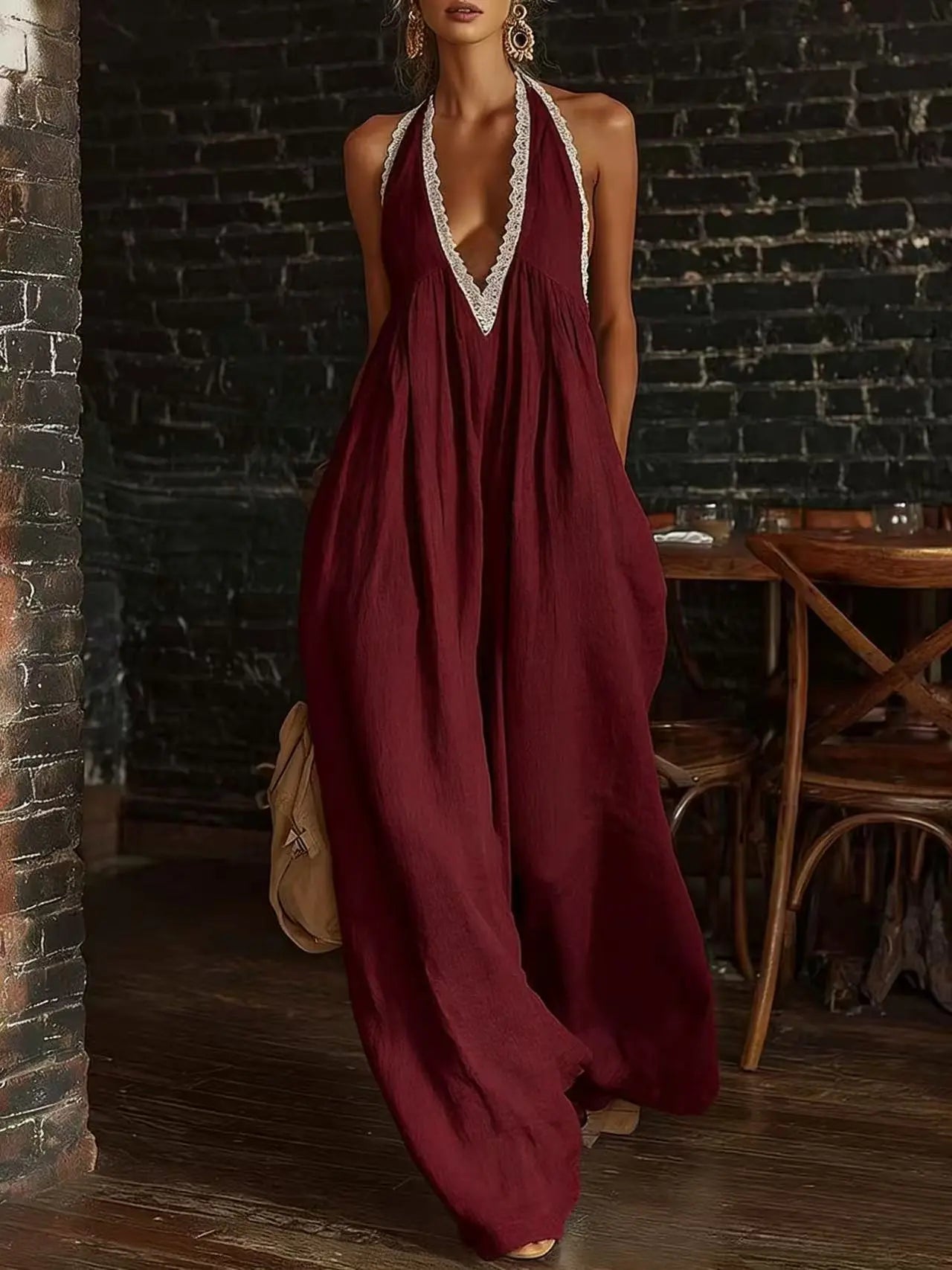Comfortable Lace-trimmed Loose Linen Jumpsuit DC-Beyond Borders Collective