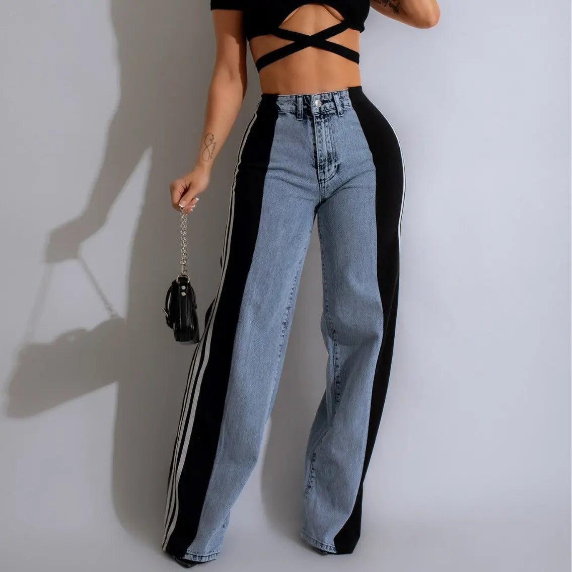 Three Stripe Denim Wide Leg Pants RightOn68