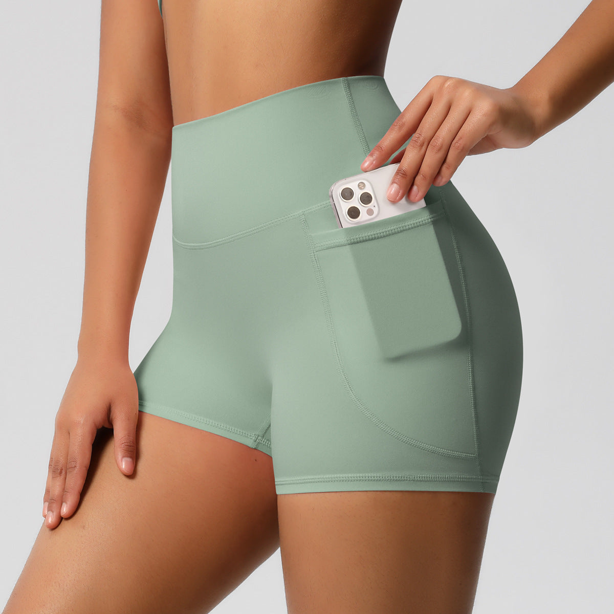 Brushed Solid Color Pocket High Waist Tight High Elastic Yoga Shorts DC-Beyond Borders Collective