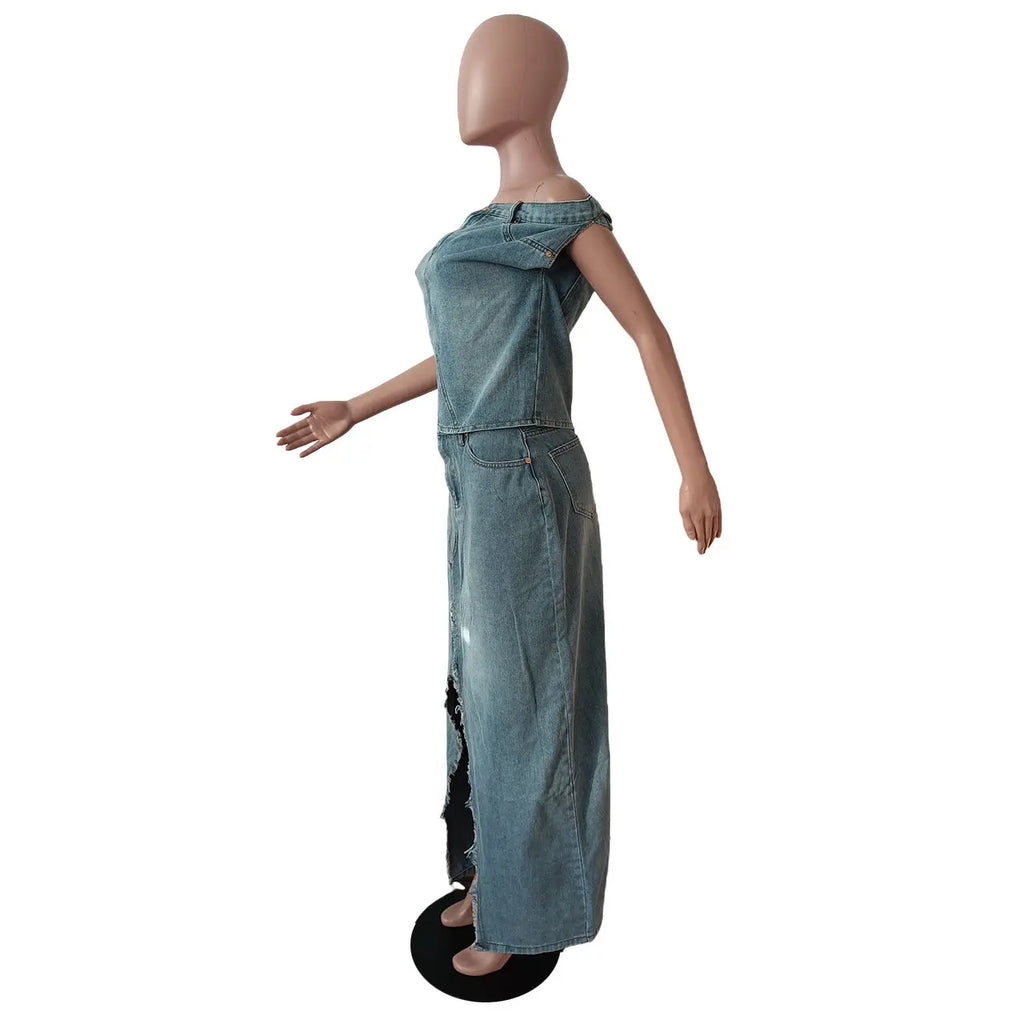 Women's Fashion Retro Denim Casual Denim Skirt Suit RightOn68