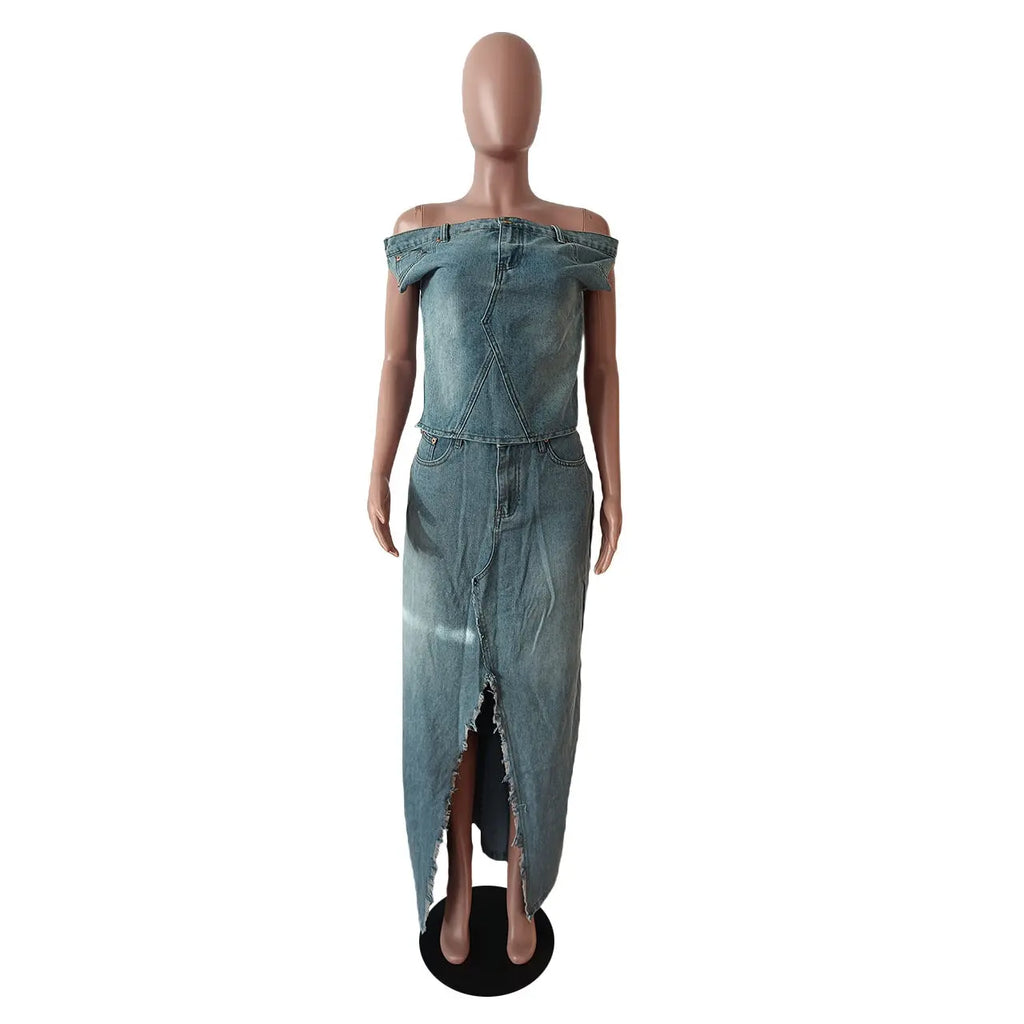 Women's Fashion Retro Denim Casual Denim Skirt Suit RightOn68