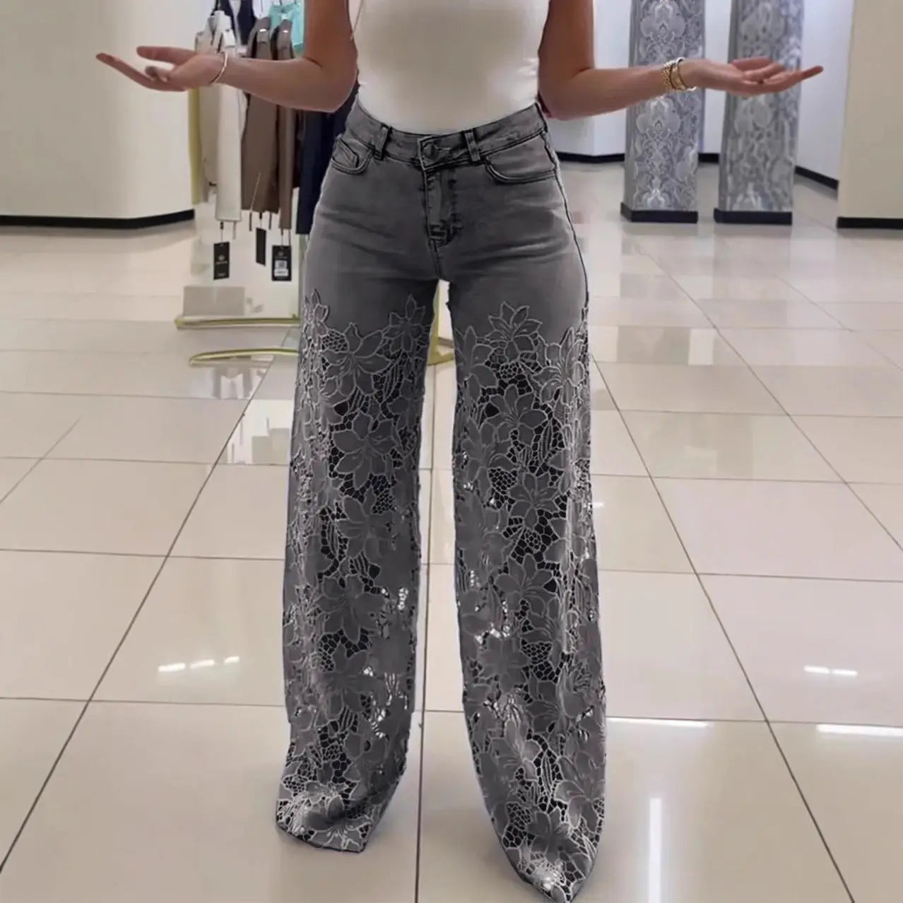 Y2K Lace Flowers Hollow Jeans Fashion High Waist Straight Wide Leg Pants Solid Color Trousers Women's Clothing RightOn68