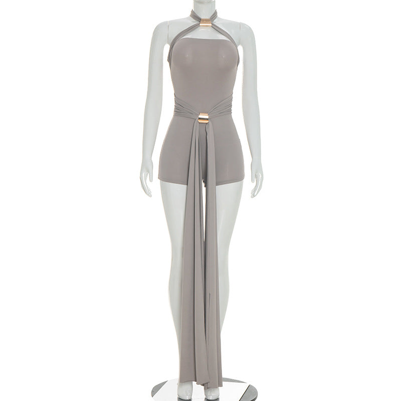 Women's Cross-Neck Halter Backless Jumpsuit With Metal Buckles DC-Beyond Borders Collective