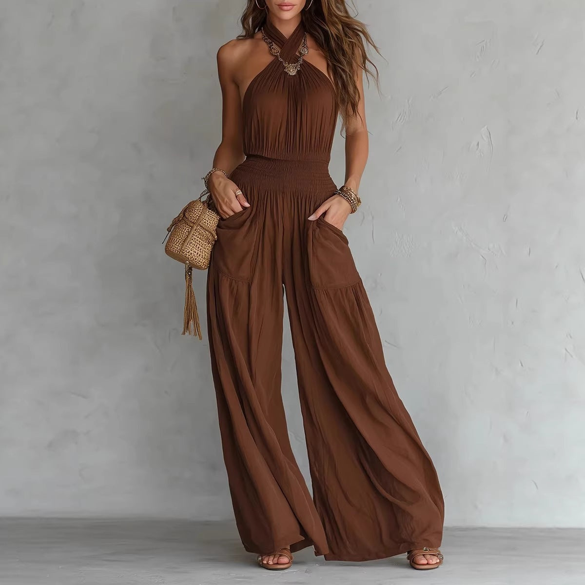 Womens Slim-fit Backless Sleeveless Wide-leg Jumpsuit DC-Beyond Borders Collective