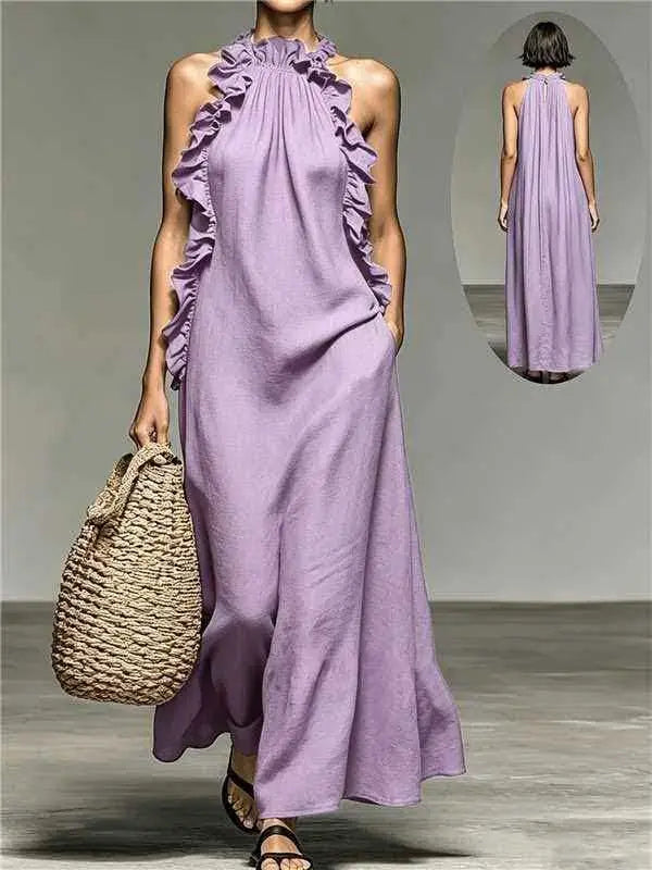 Resort Style Ruffled Halter Neck Sleeveless Maxi Dress - Loose Fit Flattering Flowy Skirt For Party Evening Gown DC-Beyond Borders Collective
