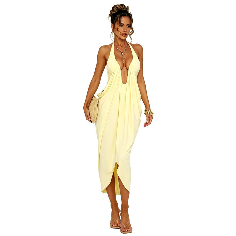 Womens SummerAutumn New Arrival Solid-Color Sexy Halter Deep-V Backless Dress DC-Beyond Borders Collective