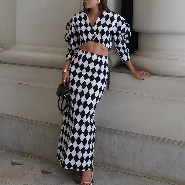 Diamond Check Puff Sleeve V-Neck Crop Top & High Waist Mermaid Maxi Skirt 2-Piece Co-Ord Set DC-Beyond Borders Collective