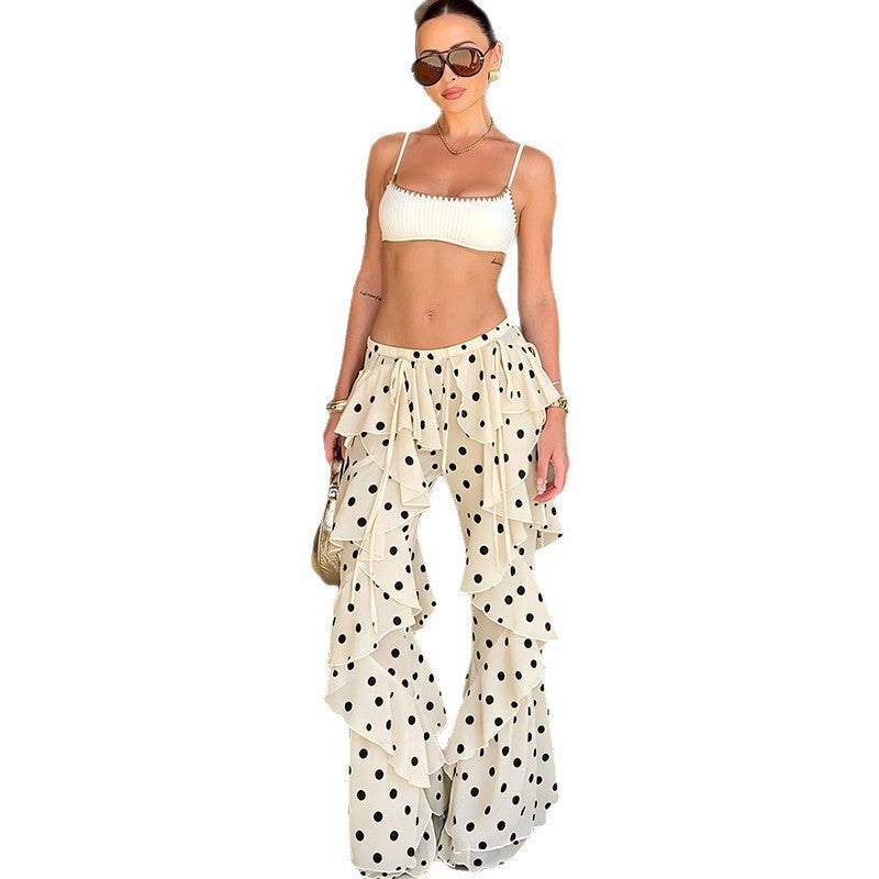 Womens Lace-Up Patchwork Polka-Dot Print Flounce-Trim Cropped Pants DC-Beyond Borders Collective