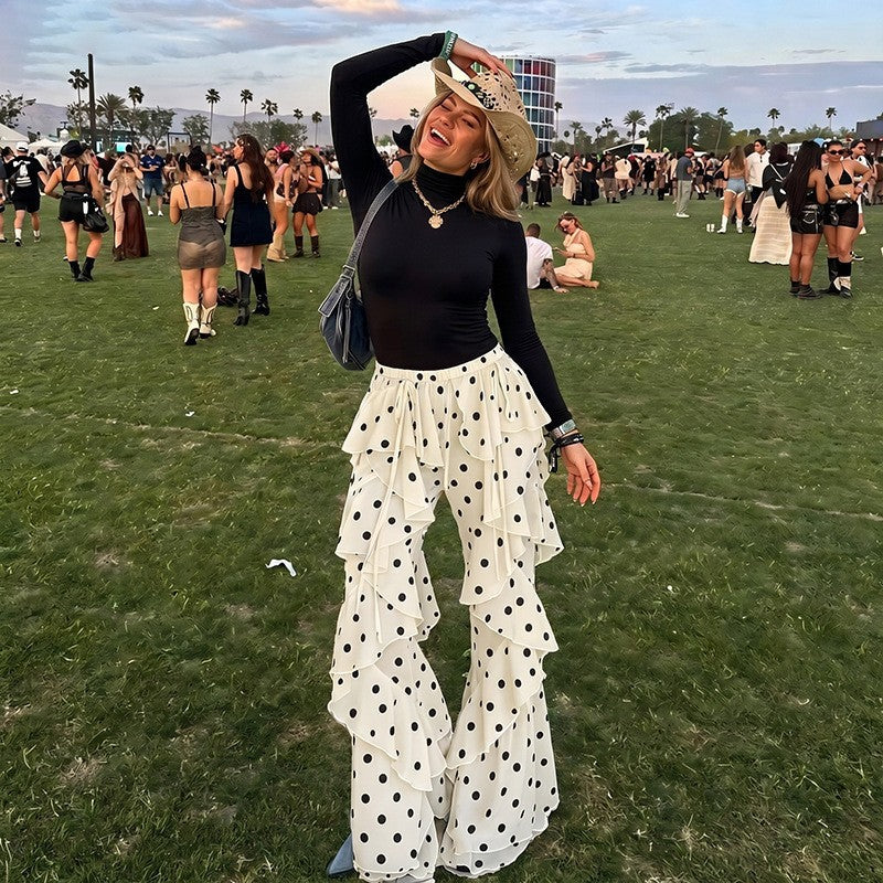 Womens Lace-Up Patchwork Polka-Dot Print Flounce-Trim Cropped Pants DC-Beyond Borders Collective
