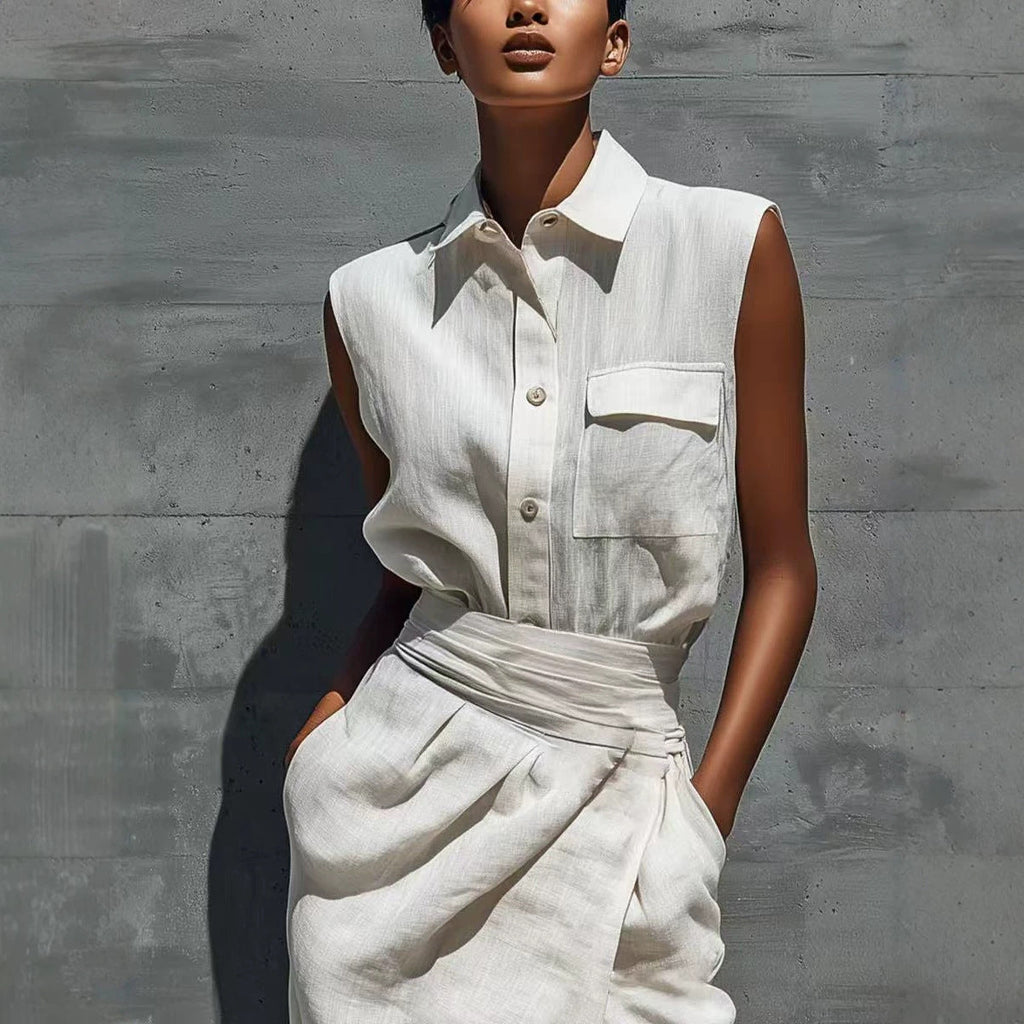 Sleeveless Lapel-button Pocket Shirt And Slit Skirt Set DC-Beyond Borders Collective