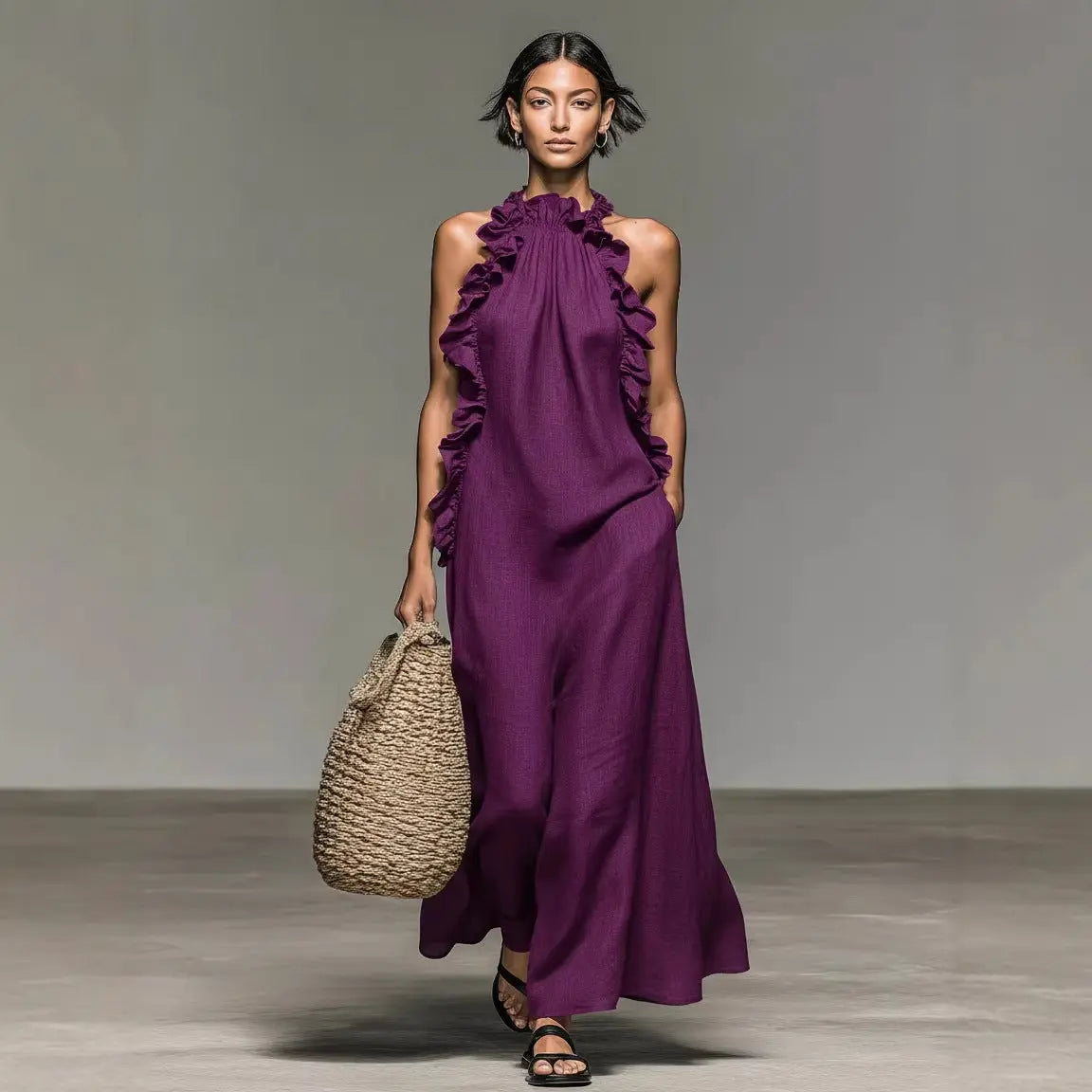 Resort Style Ruffled Halter Neck Sleeveless Maxi Dress - Loose Fit Flattering Flowy Skirt For Party Evening Gown DC-Beyond Borders Collective