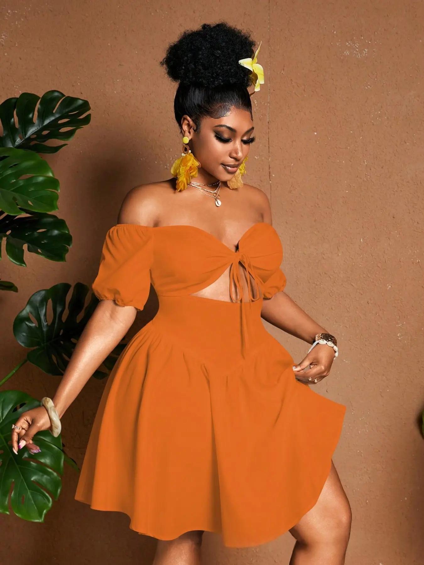 Womens Solid-color Plus-size Off-shoulder Midriff-baring Puff-sleeve Dress DC-Beyond Borders Collective