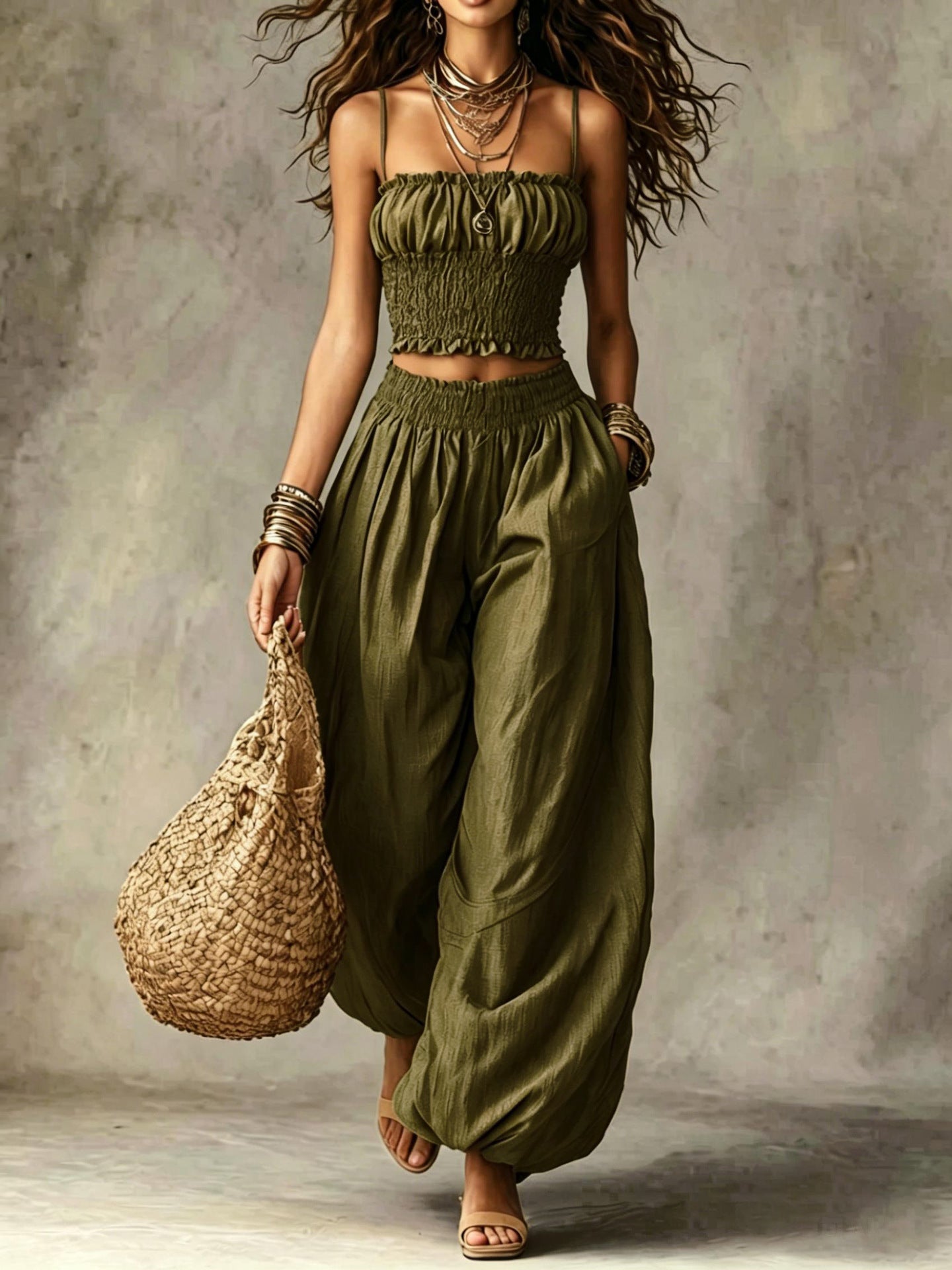Elegant Strapless Cropped Camisole Paired With Lantern Pants Set DC-Beyond Borders Collective