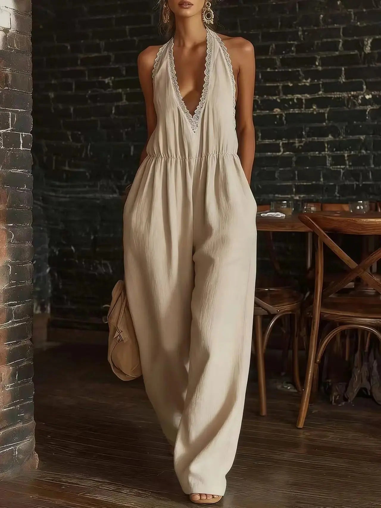 Comfortable Lace-trimmed Loose Linen Jumpsuit DC-Beyond Borders Collective