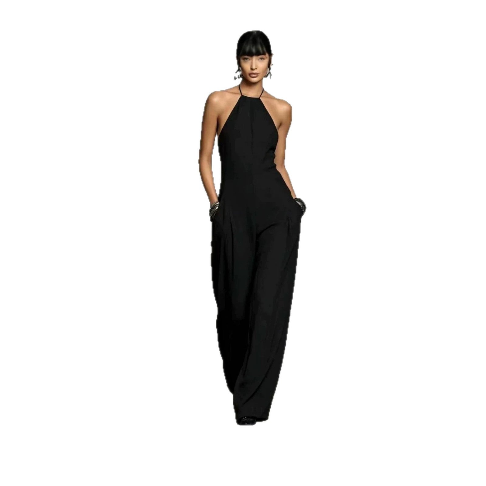 European And American Resort-style White Pleated Backless Wide-leg Jumpsuit DC-Beyond Borders Collective