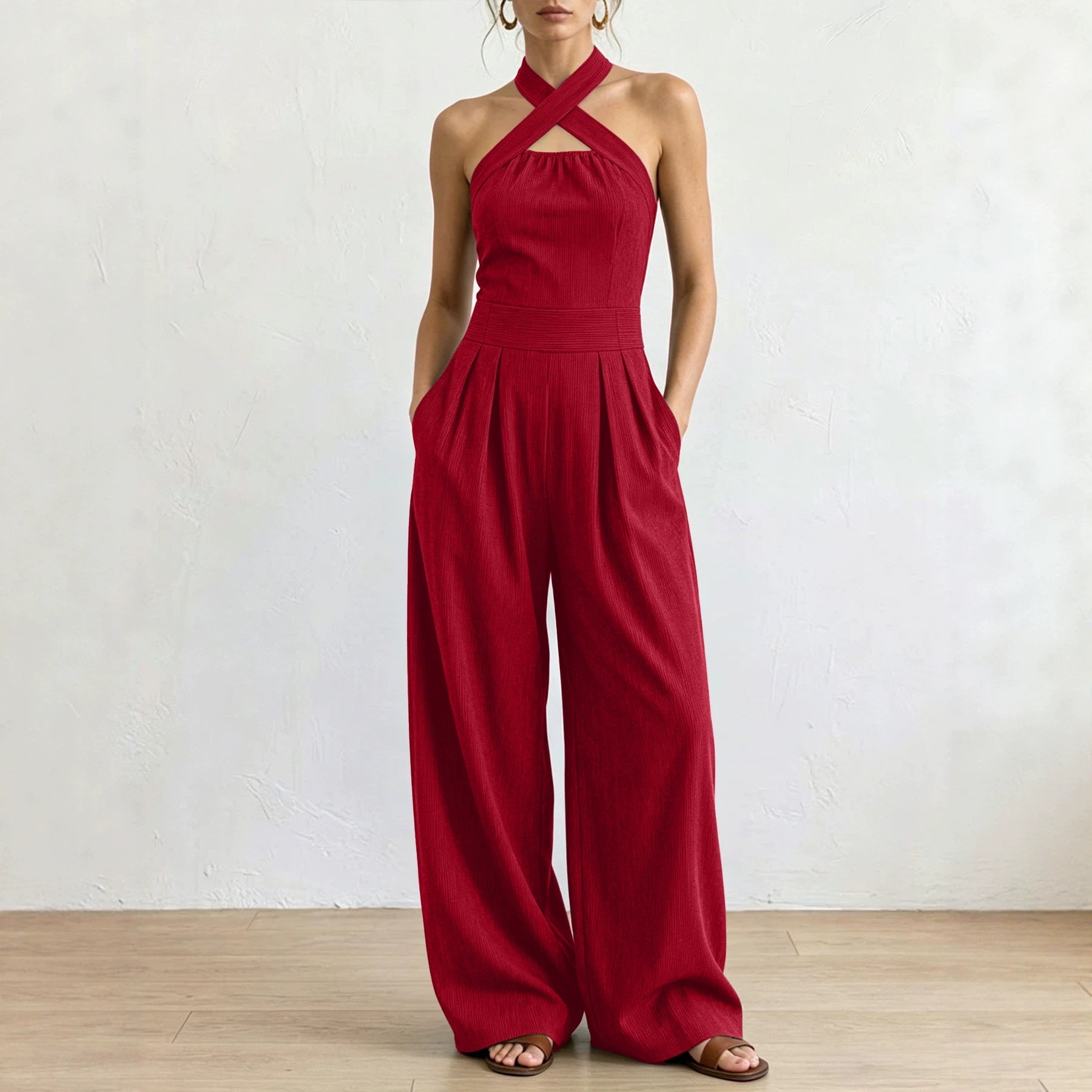 Off-shoulder Sleeveless Crossover Halter Jumpsuit DC-Beyond Borders Collective