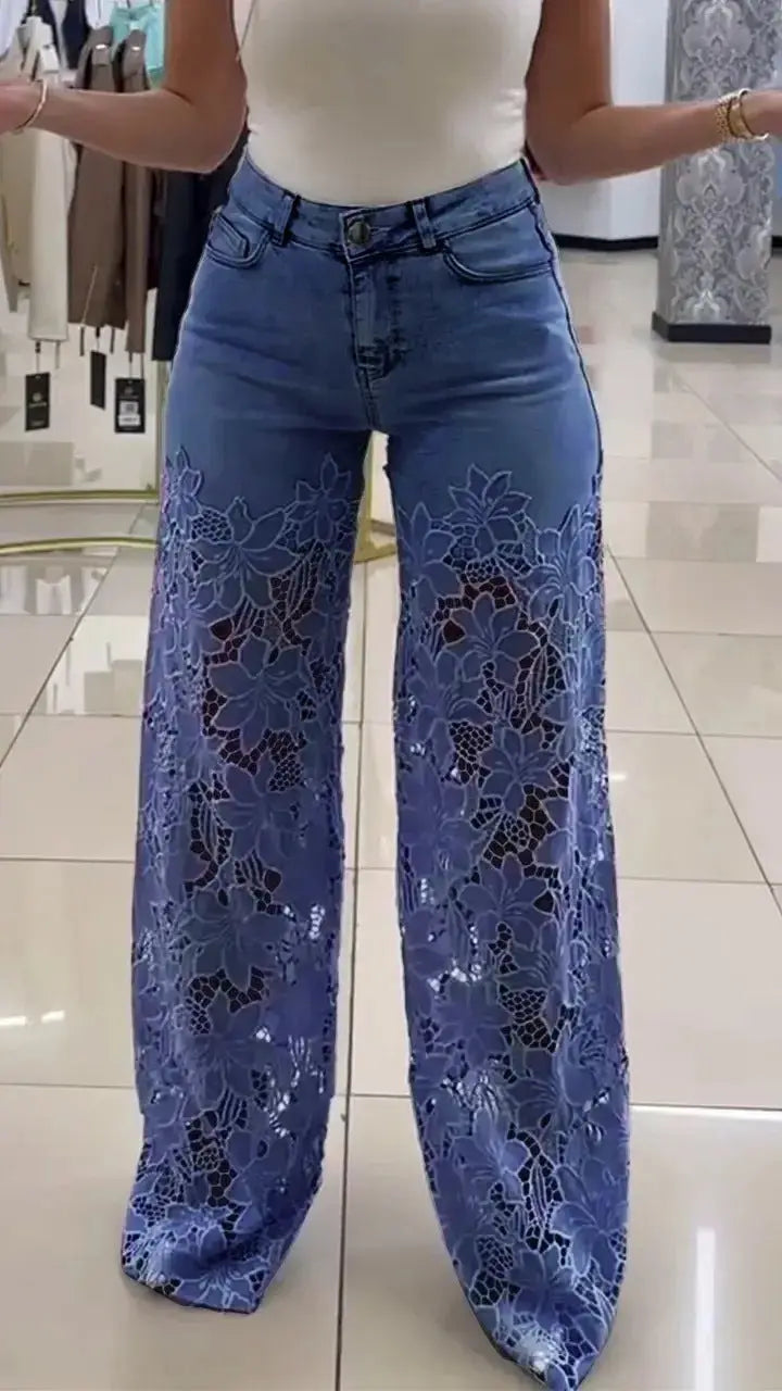 High Waist Lace Flowers Hollow Jeans RightOn68