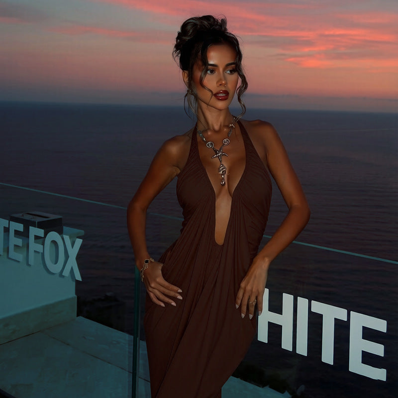 Womens SummerAutumn New Arrival Solid-Color Sexy Halter Deep-V Backless Dress DC-Beyond Borders Collective