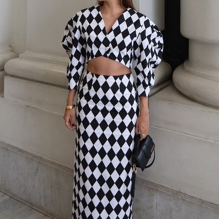 Diamond Check Puff Sleeve V-Neck Crop Top & High Waist Mermaid Maxi Skirt 2-Piece Co-Ord Set DC-Beyond Borders Collective