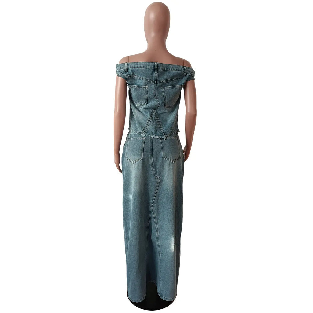 Women's Fashion Retro Denim Casual Denim Skirt Suit RightOn68