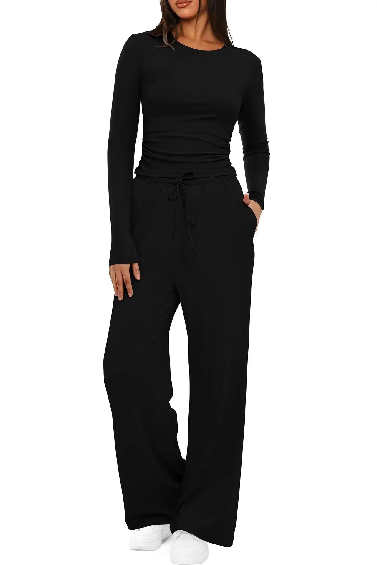 2-Piece Casual Suit - Long Sleeve Top & Wide Leg Pants Dropshipman
