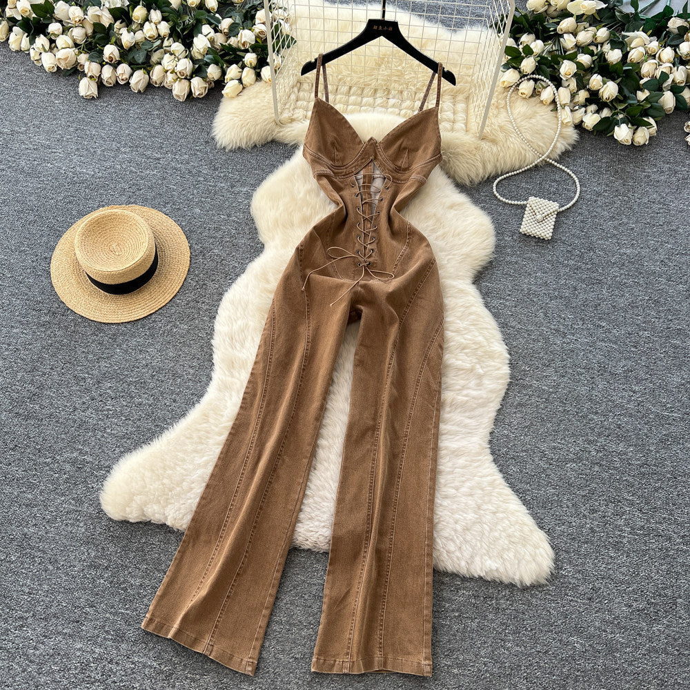 Niche-design Hollow-out Strap-waistband Denim Jumpsuit DC-Beyond Borders Collective