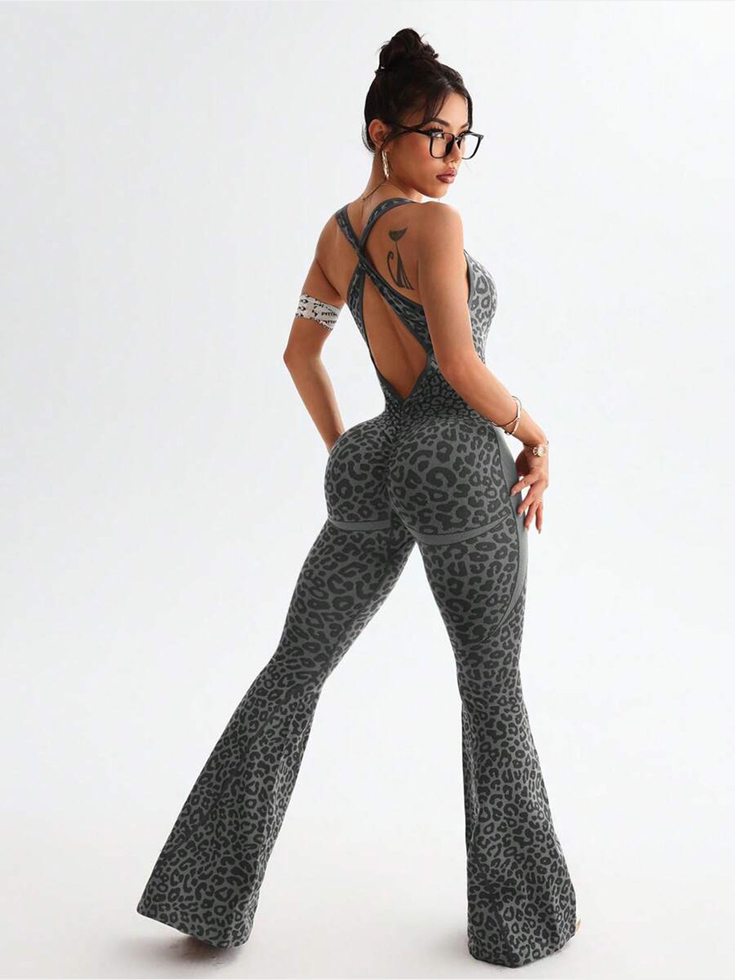 Women's Leopard Print Crisscross Back Seamless One-Piece Yoga Jumpsuit For Fitness & Sports DC-Beyond Borders Collective