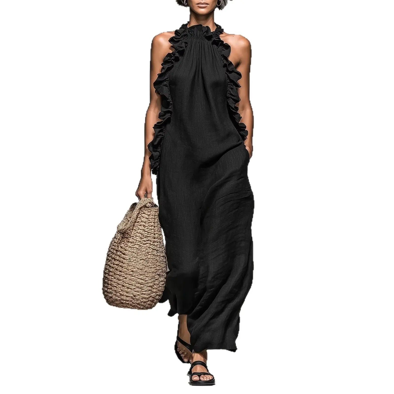 Resort Style Ruffled Halter Neck Sleeveless Maxi Dress - Loose Fit Flattering Flowy Skirt For Party Evening Gown DC-Beyond Borders Collective