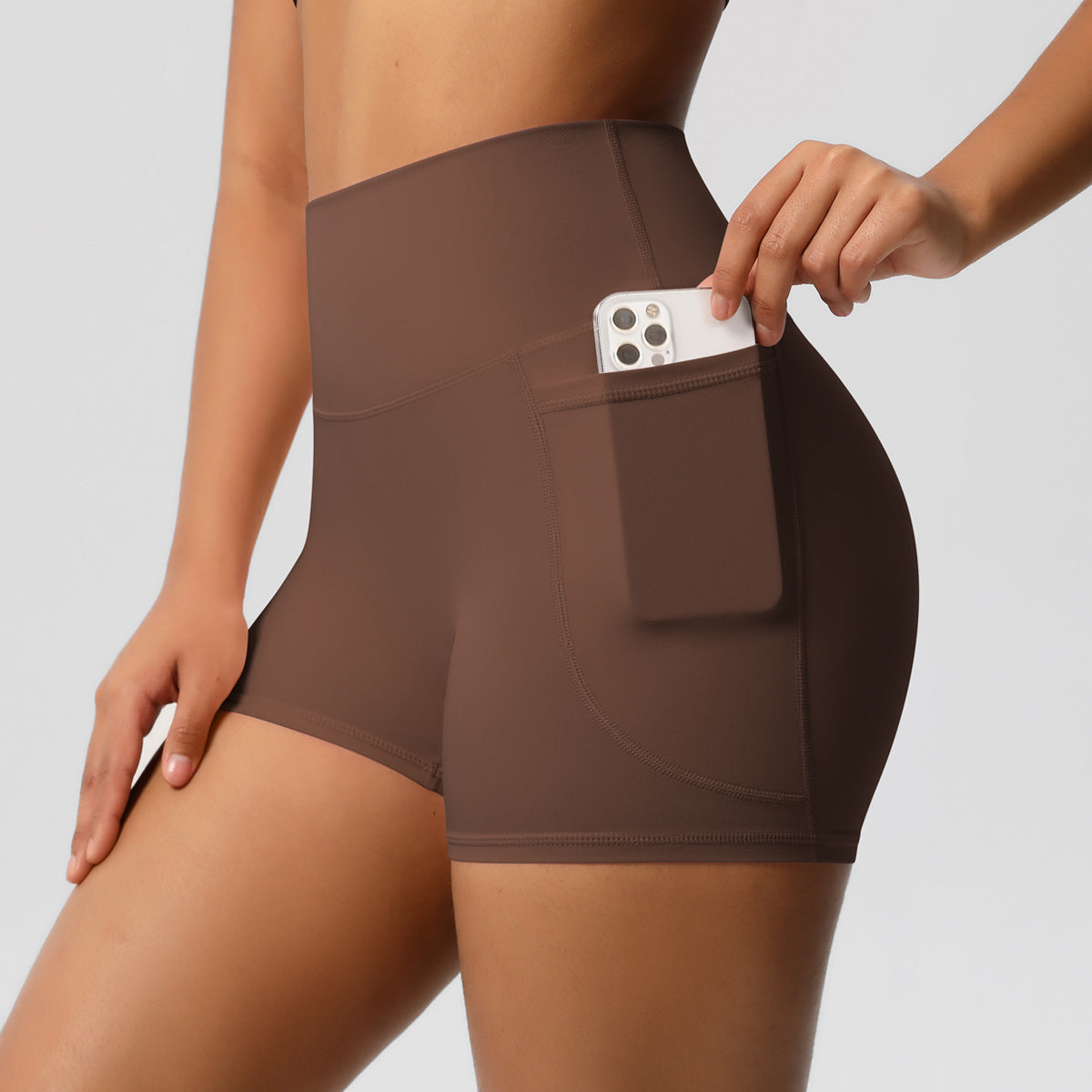 Brushed Solid Color Pocket High Waist Tight High Elastic Yoga Shorts DC-Beyond Borders Collective