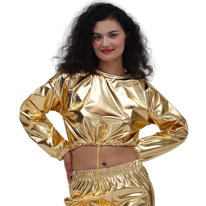Long Sleeve Round Neck Drawstring Embossed Shiny Leather Sweatshirt DC-Beyond Borders Collective