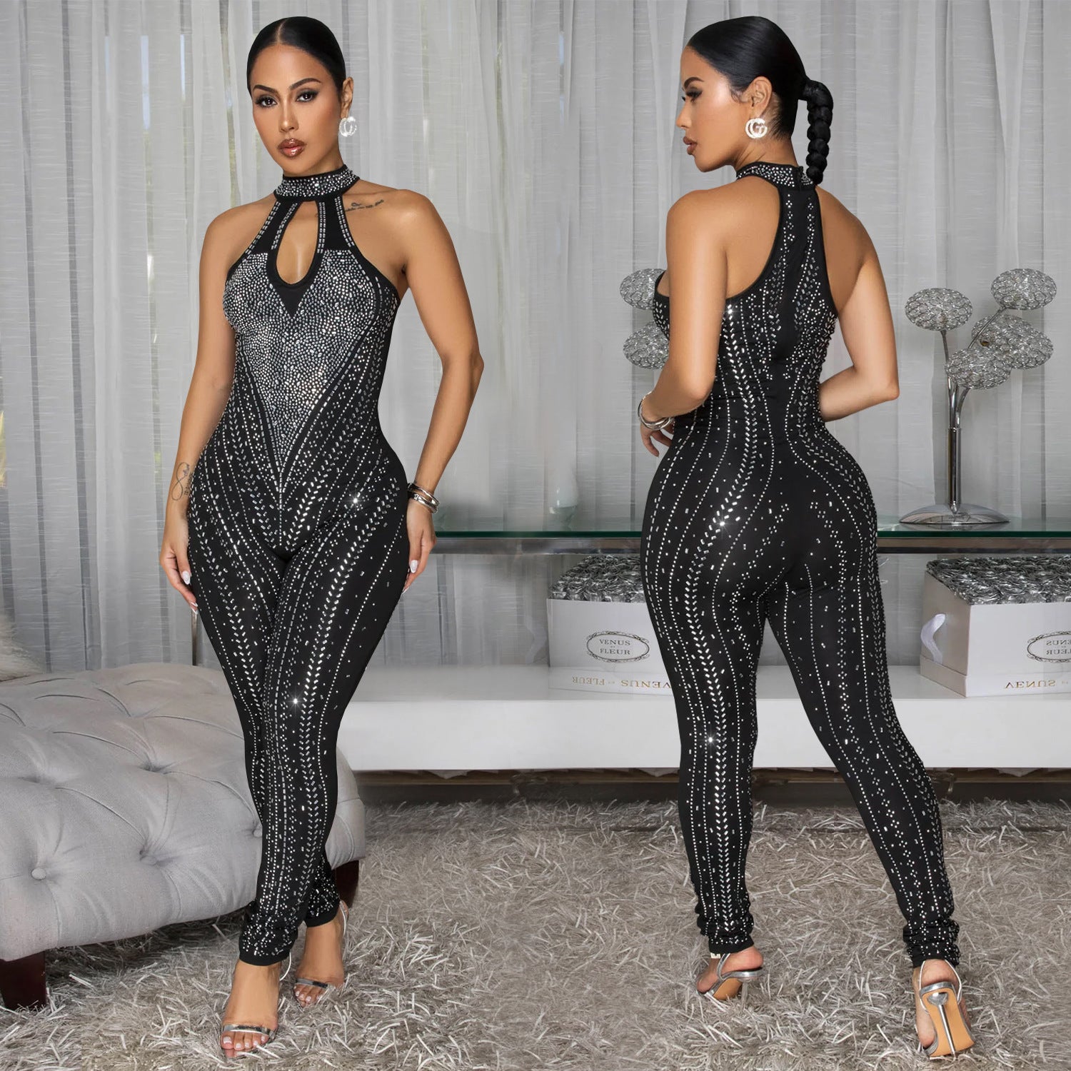Fashionable Womens Elegant Solid-Color Rhinestone-Embellished High-End Slim-Fit Jumpsuit DC-Beyond Borders Collective