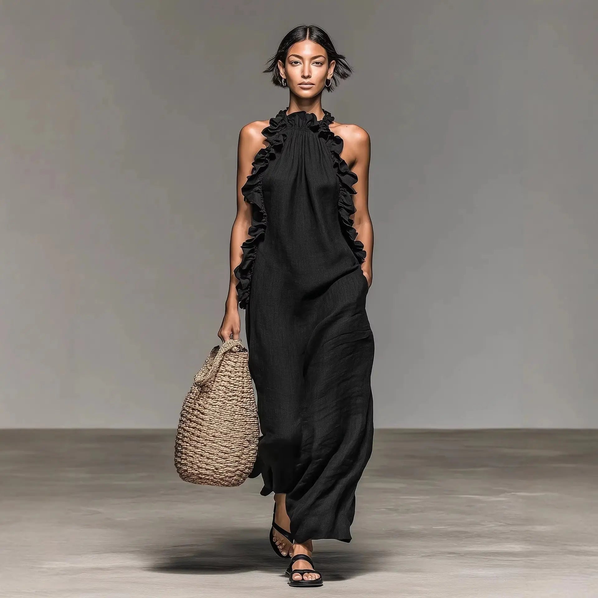 Resort Style Ruffled Halter Neck Sleeveless Maxi Dress - Loose Fit Flattering Flowy Skirt For Party Evening Gown DC-Beyond Borders Collective