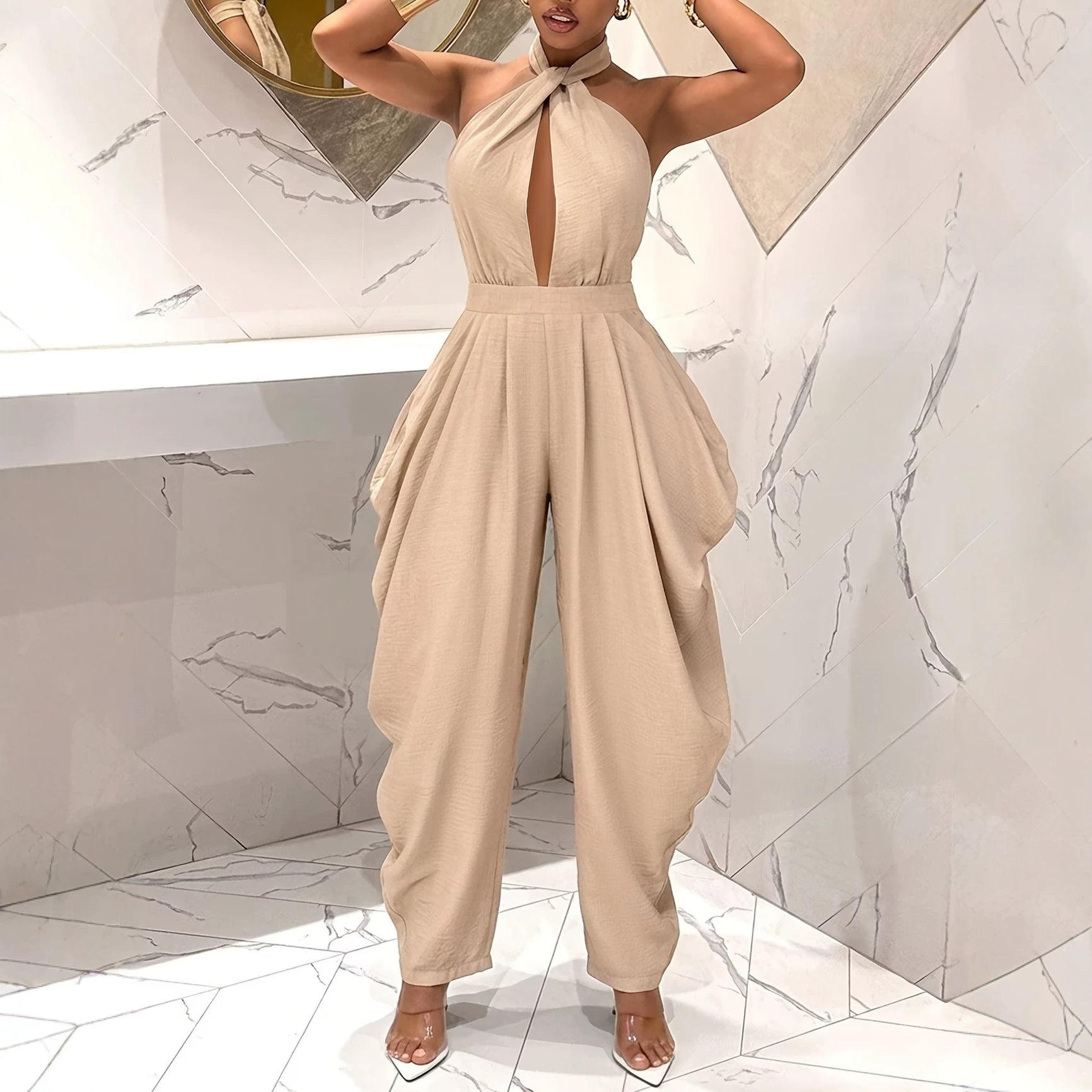 Halter-neck Crossover Backless Jumpsuit With Pleated Wide-leg Harem Pants DC-Beyond Borders Collective