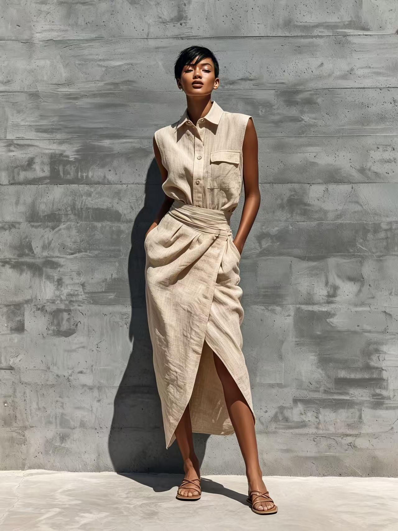 Sleeveless Lapel-button Pocket Shirt And Slit Skirt Set DC-Beyond Borders Collective