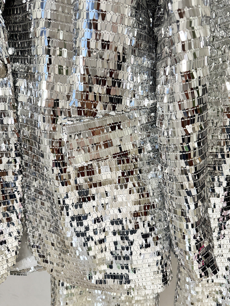 Silver Square Sequin Peak Lapel Blazer & High Waist Full Flare Trousers 2-Piece Party Suit DC-Beyond Borders Collective