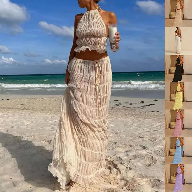 2pcs Women's Dress Suit Sexy Sleeveless Backless Cropped Halter Top And Pleated Long Skirt Beach Clothing DC-Beyond Borders Collective