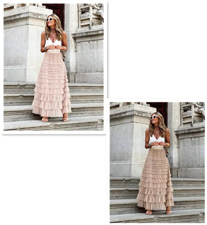 A Line Swing Mesh Long Skirt RightOn68