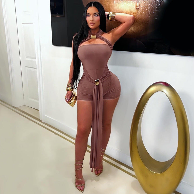 Women's Cross-Neck Halter Backless Jumpsuit With Metal Buckles DC-Beyond Borders Collective