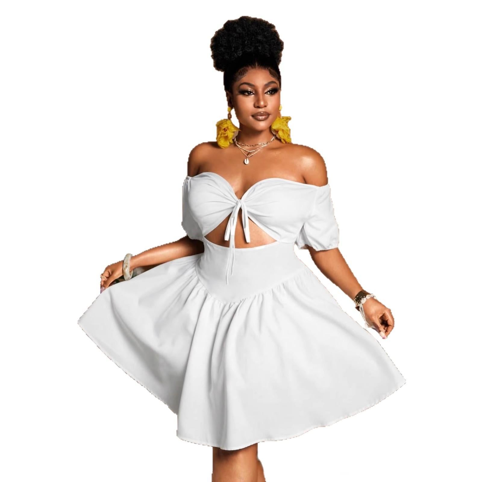 Womens Solid-color Plus-size Off-shoulder Midriff-baring Puff-sleeve Dress DC-Beyond Borders Collective