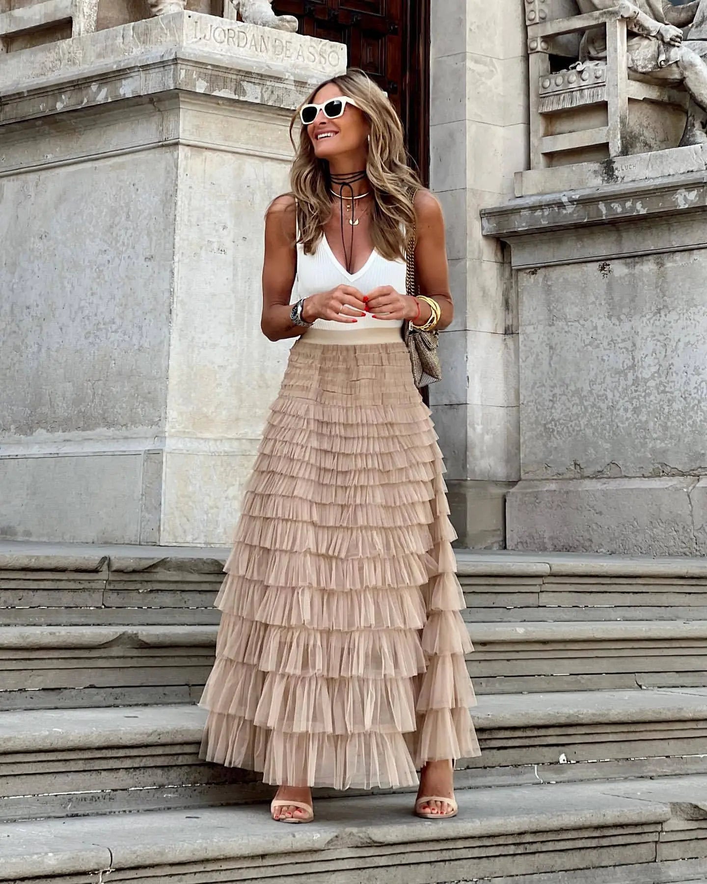 A Line Swing Mesh Long Skirt RightOn68