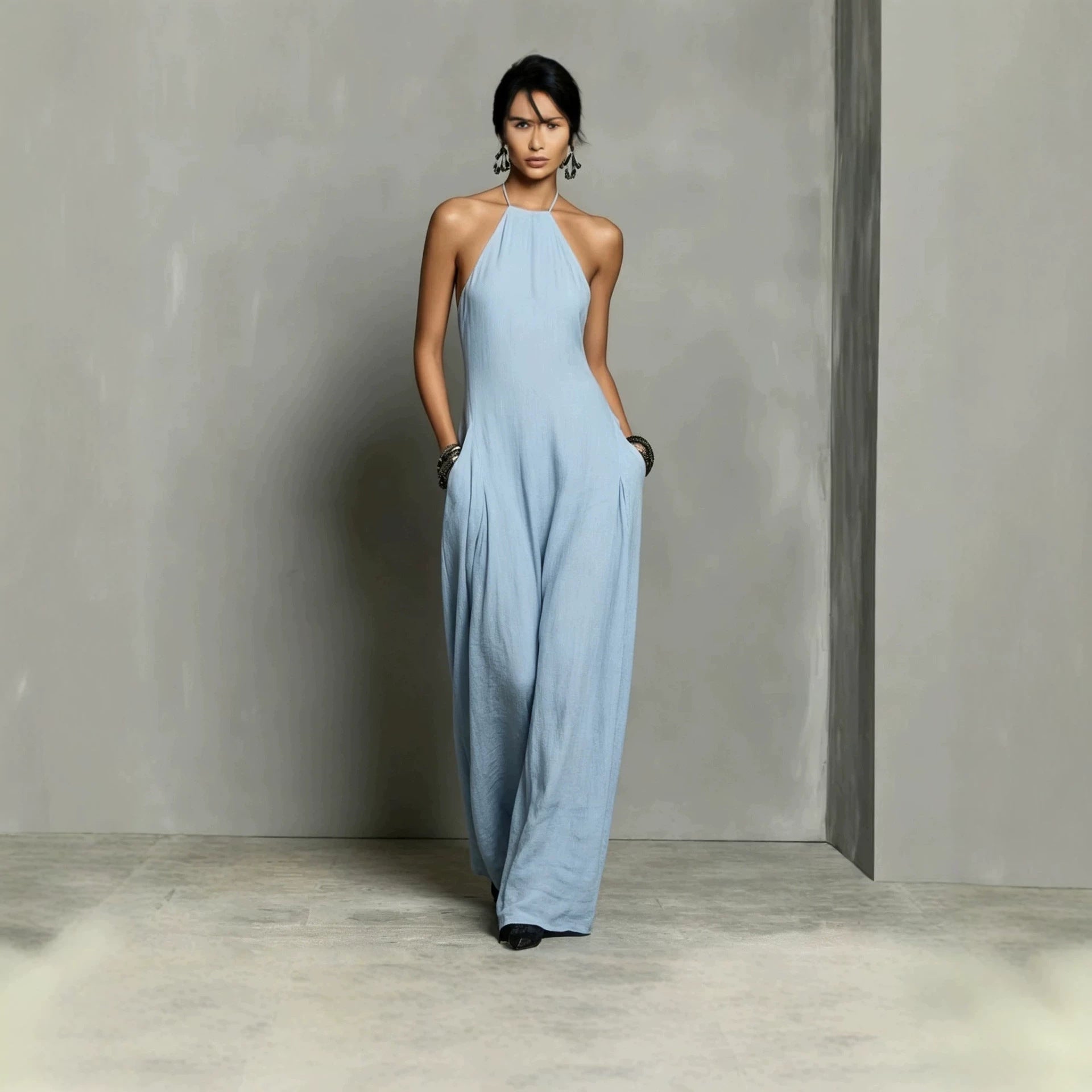 European And American Resort-style White Pleated Backless Wide-leg Jumpsuit DC-Beyond Borders Collective
