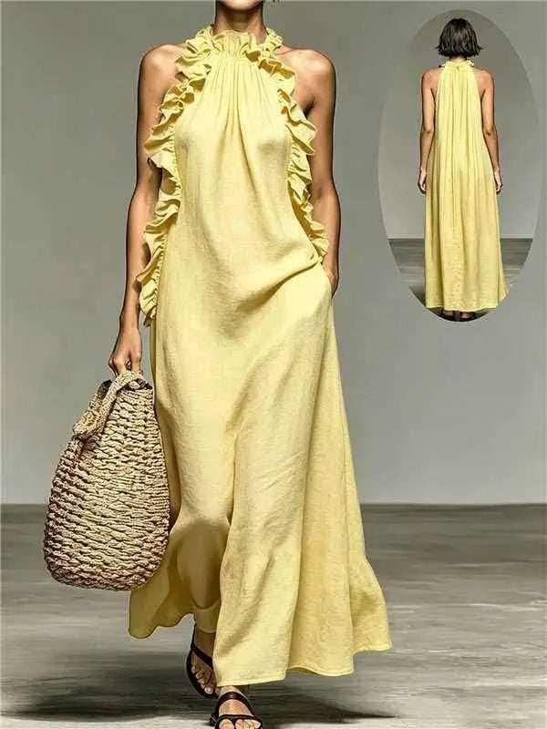 Resort Style Ruffled Halter Neck Sleeveless Maxi Dress - Loose Fit Flattering Flowy Skirt For Party Evening Gown DC-Beyond Borders Collective