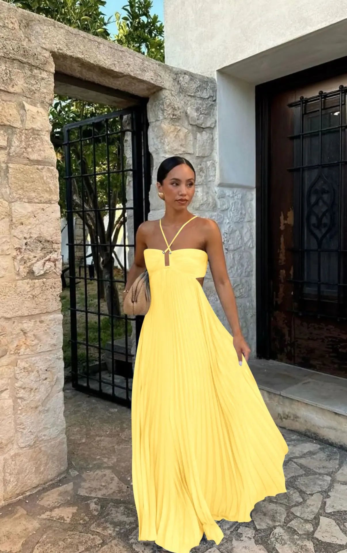 Ins Pleated Sleeveless Sling Dress Hollow High Waist Halter Robe Dresses For Evening Party Club Clothing Women DC-Beyond Borders Collective